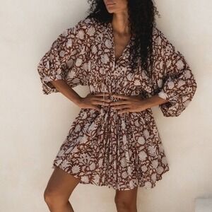 Daughters of India Kyra Mini Dress Rust Brown Floral Block Print Cotton XS boho